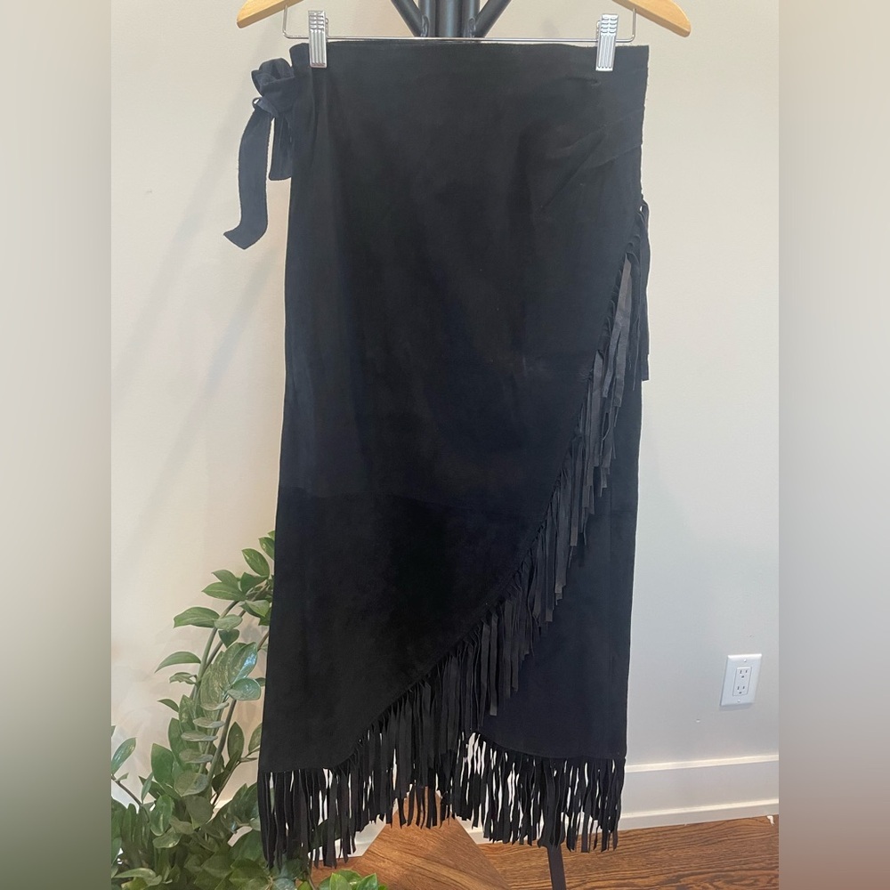 Running Wild Stampede Collection Black Leather Fringe Wrap Skirt Western Nash